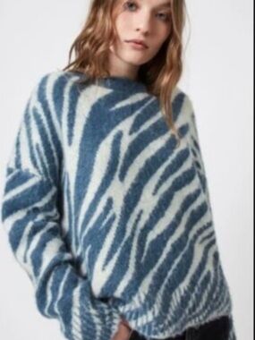 AllSaints Pina Animal Print Sweater - Blue and Cream Zebra-Pattern Knit